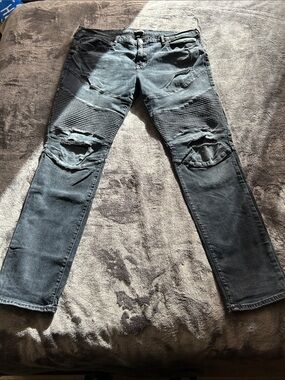 True Religion Rocco Relaxed Skinny Moto Jeans Mens 40 Blue Denim Ribbed Zipper